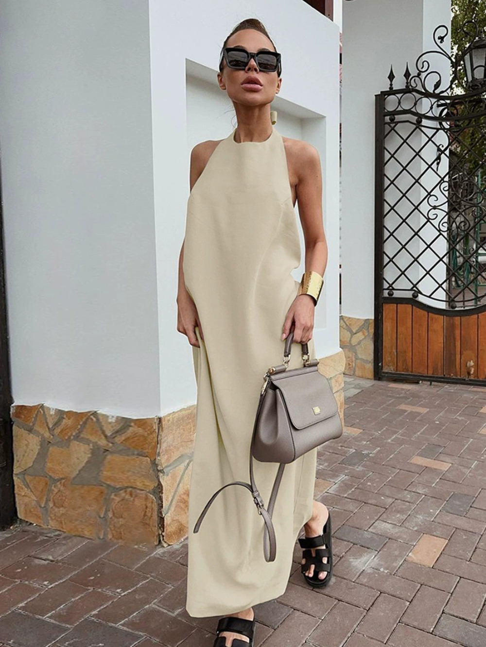 Forever 21 Khaki Cotton Linen Halterneck Long Dress Summer Loose Resort